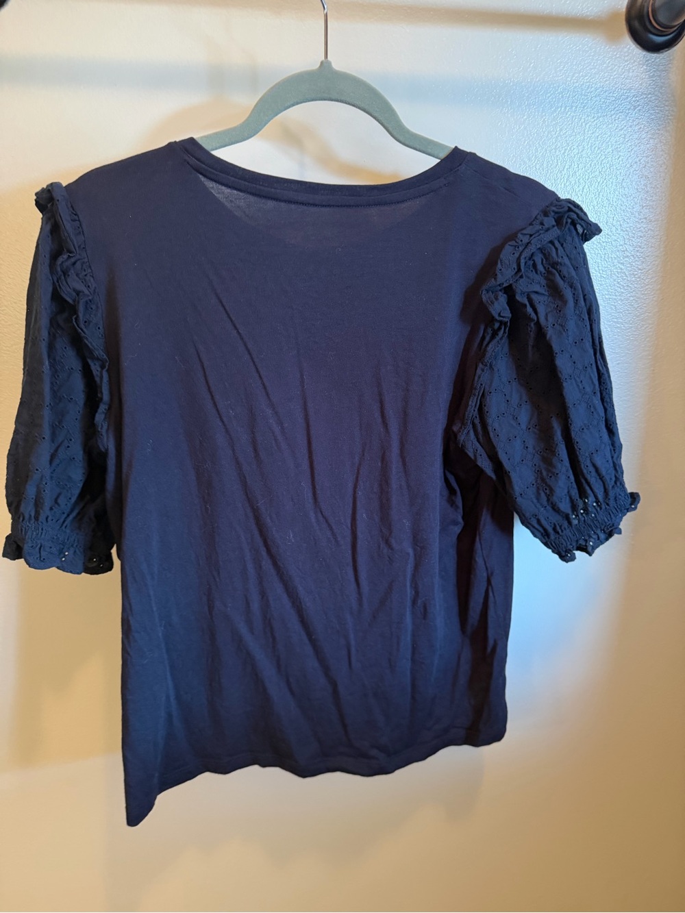 Tommy Hilfiger Eyelet Puff Sleeve Top Navy Blue Cotton Tee Sz L - Picture 4 of 6
